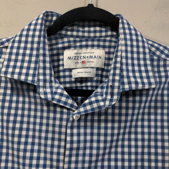 Mizzen+Main Mens Button Down Leeward Trim Fit LS Shirt Size M Blue Check Casual - Picture 2 of 8